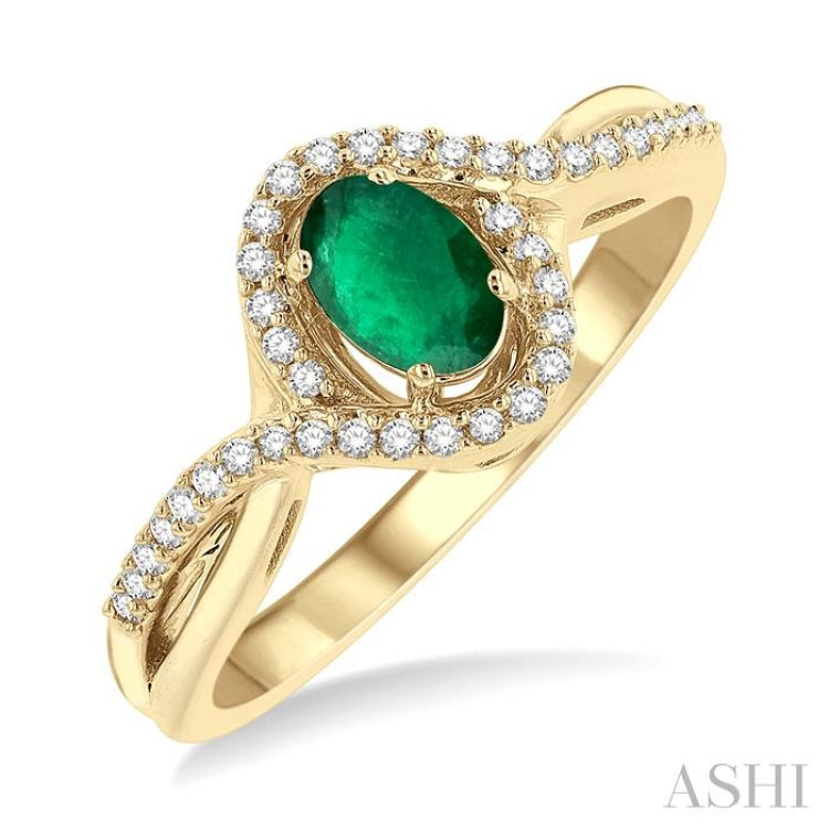 6x4 MM Oval Cut Emerald and 1/6 Ctw Split Criss Cross Bypass Shank Round Cut Diamond Precious Ring with Center Stone in 10K Yellow Gold