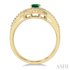 6x4 MM Oval Cut Emerald and 1/6 Ctw Split Criss Cross Bypass Shank Round Cut Diamond Precious Ring with Center Stone in 10K Yellow Gold
