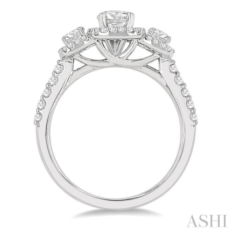 1 Ctw Cushion Shape Past, Present & Future Diamond Engagement Ring With 3/8 Ct Round Cut Center Stone in 14K White Gold