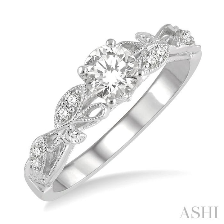 1/10 Ctw Leaf Criss Cross Shank Round Cut Diamond Semi-Mount Engagement Ring in 14K White Gold