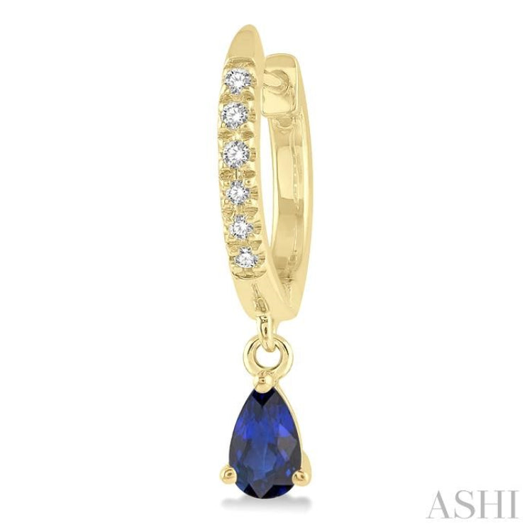 5x3 MM Pear Cut Sapphire and 1/8 Ctw Round Cut Diamond Petite Fashion Huggie Earrings in 10K Yellow Gold