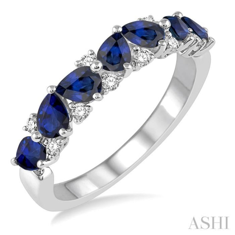 4x3 MM Pear Shape Sapphire and 1/6 Ctw Round Cut Diamond Precious Band in 14K White Gold