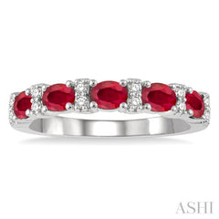 4x3 MM Oval Shape Ruby and 1/6 Ctw Round Cut Diamond Precious Band in 14K White Gold