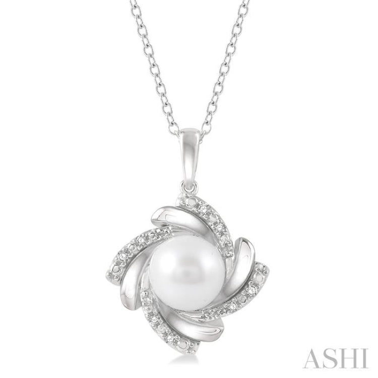 7x7 MM Round Shape Cultured Pearl and 1/50 Ctw Swirl Round Cut Diamond Pendant With Chain in Sterling Silver