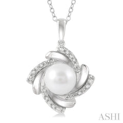 7x7 MM Round Shape Cultured Pearl and 1/50 Ctw Swirl Round Cut Diamond Pendant With Chain in Sterling Silver