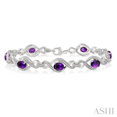 7x5 MM Oval Cut Amethyst and 1/10 Ctw Round Cut Diamond Semi-Precious Bracelet in Sterling Silver