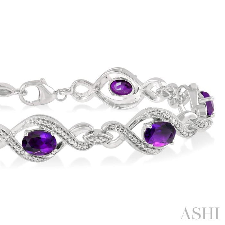 7x5 MM Oval Cut Amethyst and 1/10 Ctw Round Cut Diamond Semi-Precious Bracelet in Sterling Silver