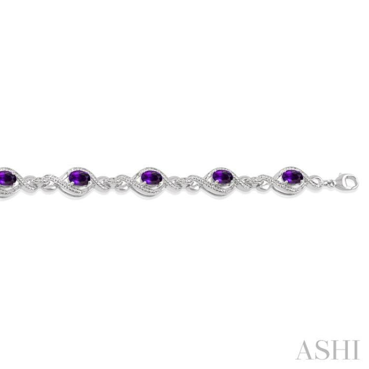 7X5 MM Oval Cut Amethyst and 1/10 Ctw Round Cut Diamond Semi-Precious Bracelet in Sterling Silver