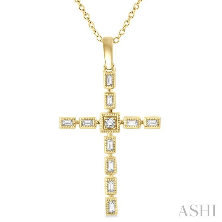 1/5 Ctw Baguette and Round Cut Diamond Cross Pendant With Chain in 10K Yellow Gold