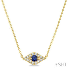 2.60 MM Round Cut Sapphire and 1/10 Ctw Evil Eye Round Cut Diamond Precious Petite Fashion Pendant With Chain in 10K Yellow Gold