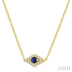 2.60 MM Round Cut Sapphire and 1/10 Ctw Evil Eye Round Cut Diamond Precious Petite Fashion Pendant With Chain in 10K Yellow Gold