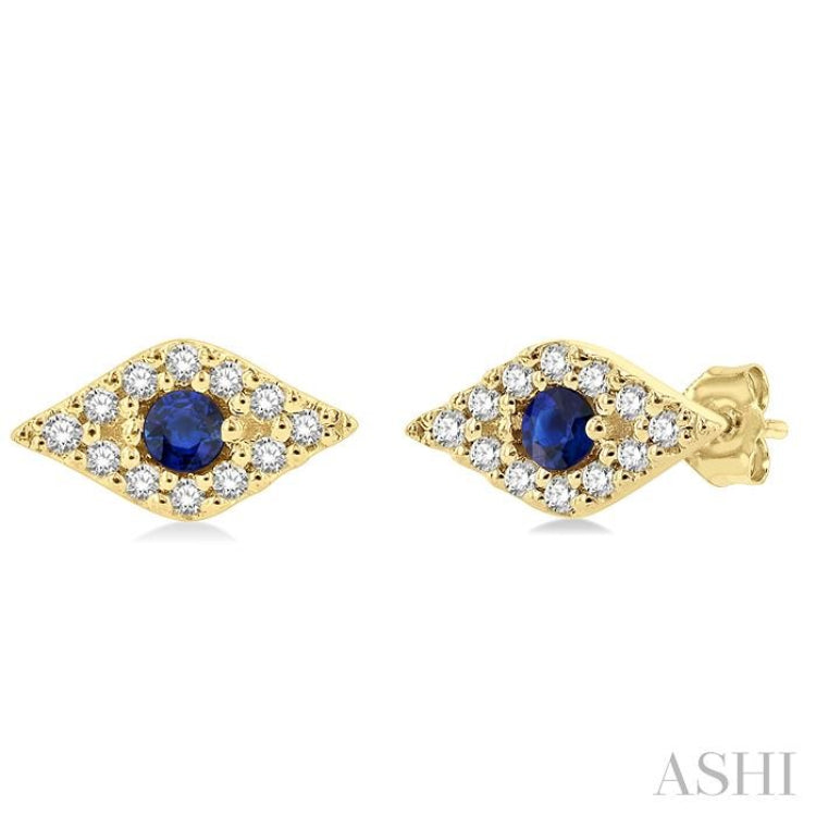 2.0 MM Round Cut Sapphire and 1/10 Ctw Evil Eye Round Cut Diamond Precious Petite Fashion Earring in 10K Yellow Gold