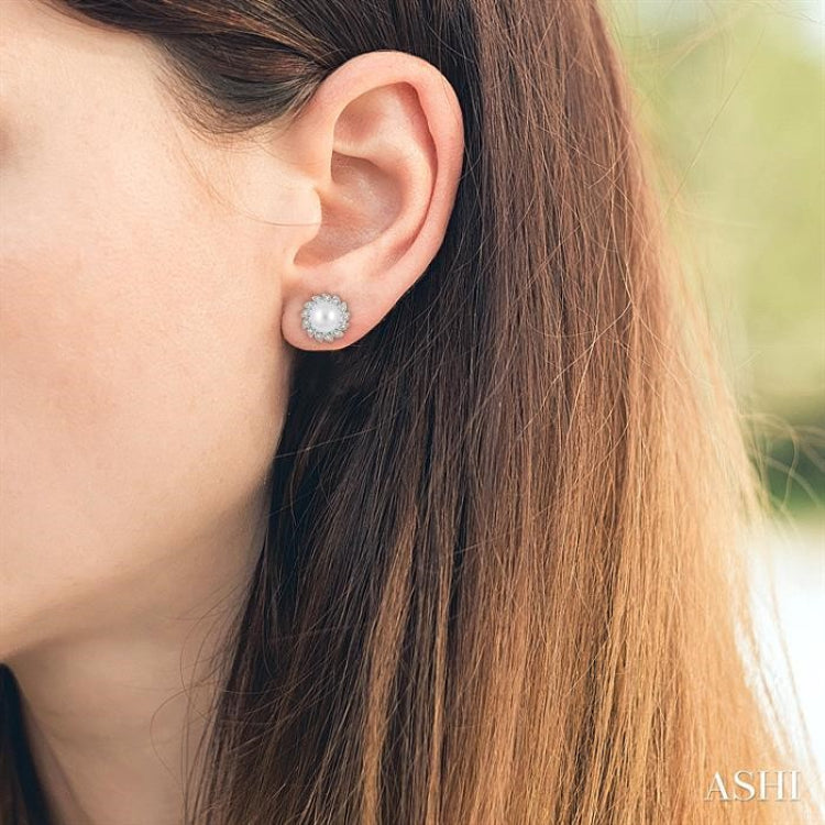 6x6 MM Round Shape Cultured Pearls and 1/10 Ctw Sunflower Round Cut Diamond Earrings in 10K White Gold