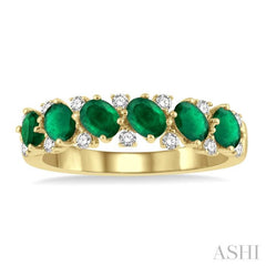 4x3 MM Oval Shape Emerald and 1/5 Ctw Round Cut Diamond Precious Band in 14K Yellow Gold