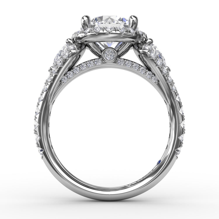 Three-Stone Round Diamond Halo Engagement Ring