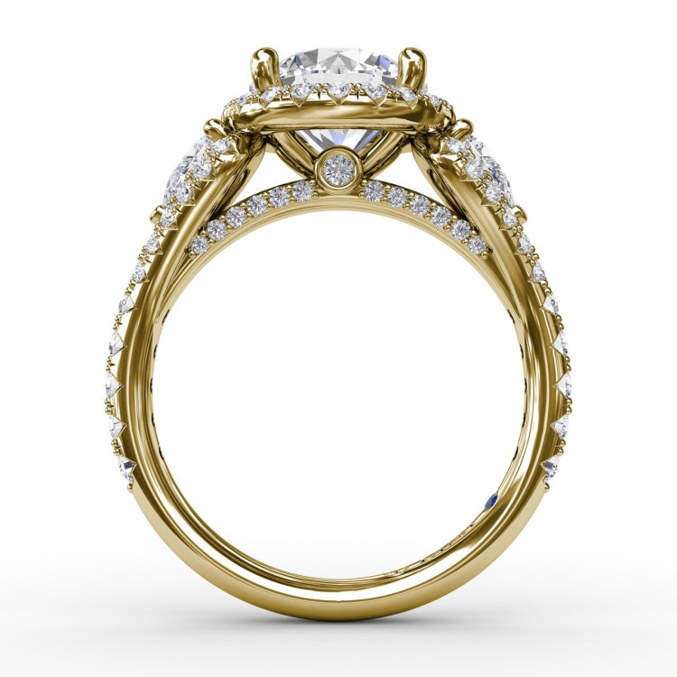 Three-Stone Round Diamond Halo Engagement Ring