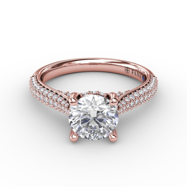 Classic Round Diamond Solitaire Engagement Ring With Double-Row PavÃ© Diamond Shank