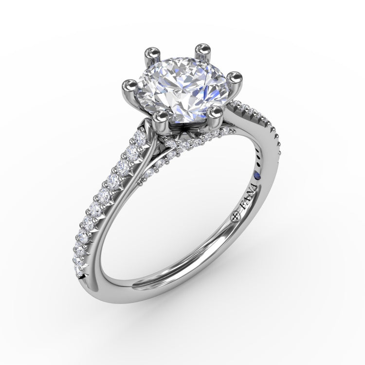 Six - Prong Round Diamond Engagement Ring with 1/2 Diamond Band 