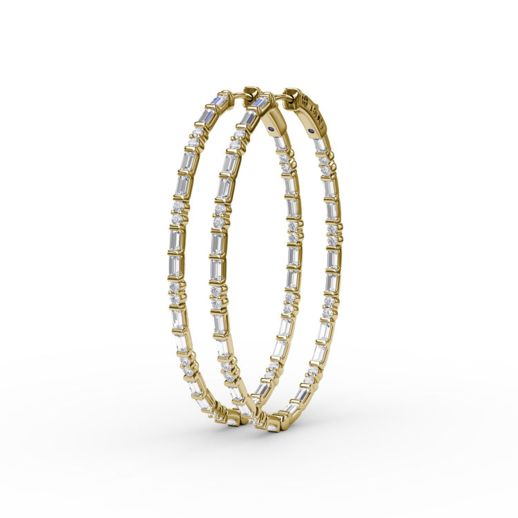 Alternating Emerald and Round Diamond Hoop Earrings 