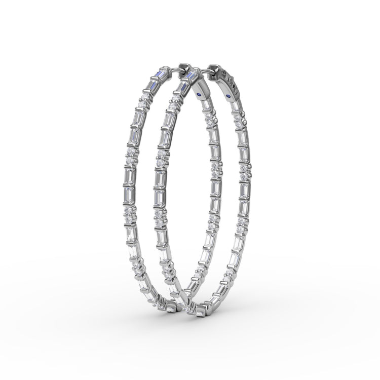 Alternating Emerald and Round Diamond Hoop Earrings 