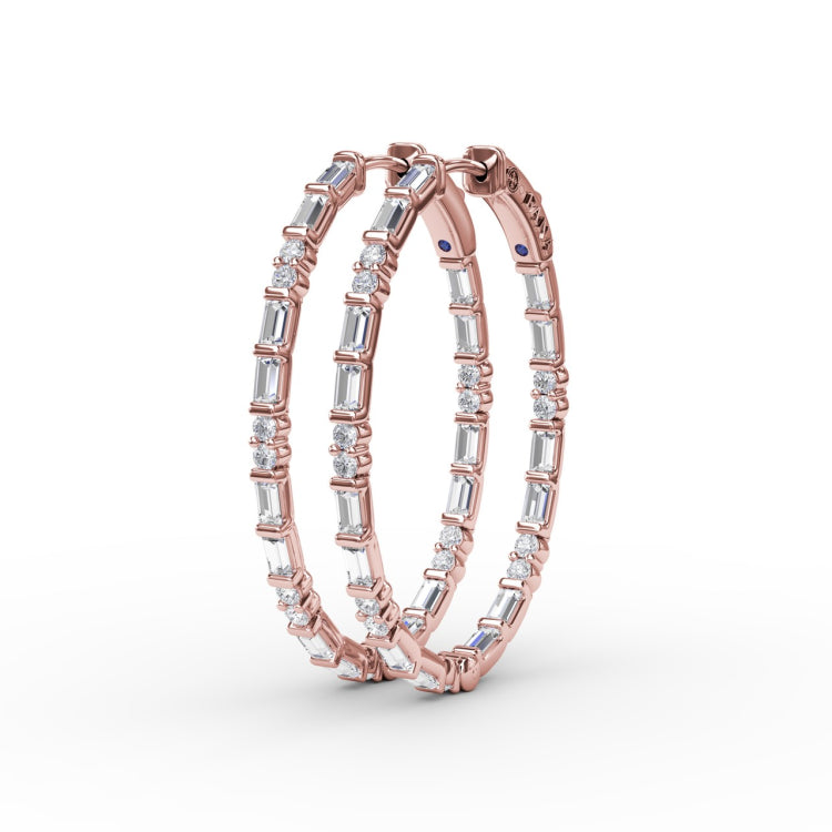 Alternating Emerald and Round Diamond Hoop Earrings 