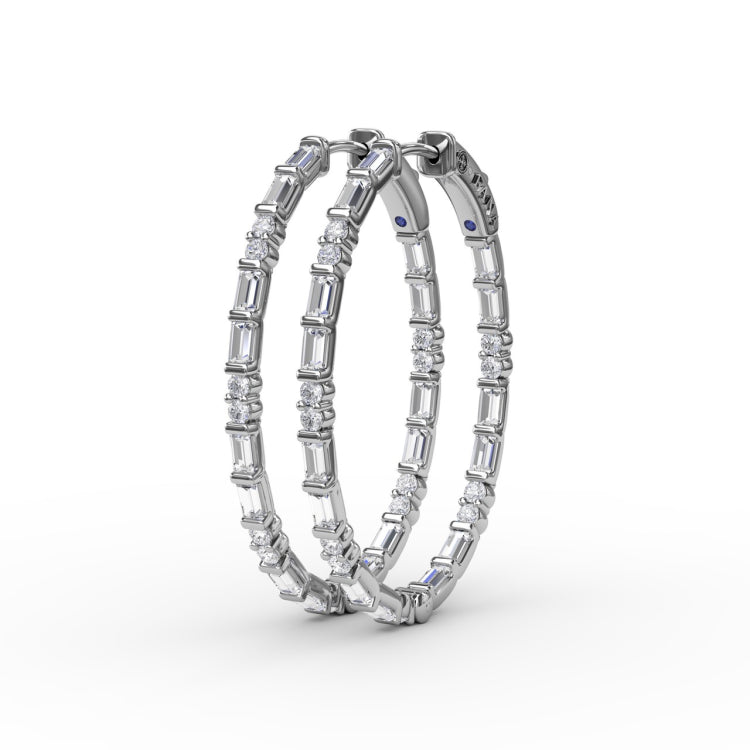 Alternating Emerald and Round Diamond Hoop Earrings 