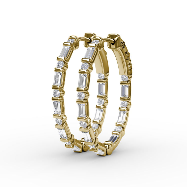 Alternating Emerald and Round Diamond Hoop Earrings 