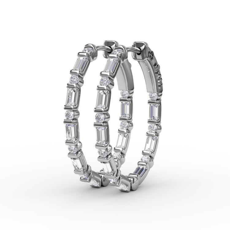 Alternating Emerald and Round Diamond Hoop Earrings 