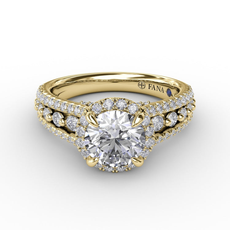 Classic Round Diamond Halo Engagement Ring With Triple-Row Diamond Band