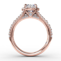 Classic Round Diamond Halo Engagement Ring With Triple-Row Diamond Band