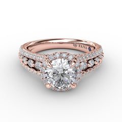 Classic Round Diamond Halo Engagement Ring With Triple-Row Diamond Band