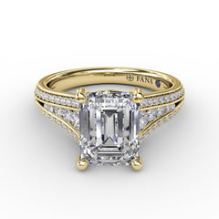 Contemporary Emerald Cut Diamond Solitaire Engagement Ring With Triple-Row Diamond Band