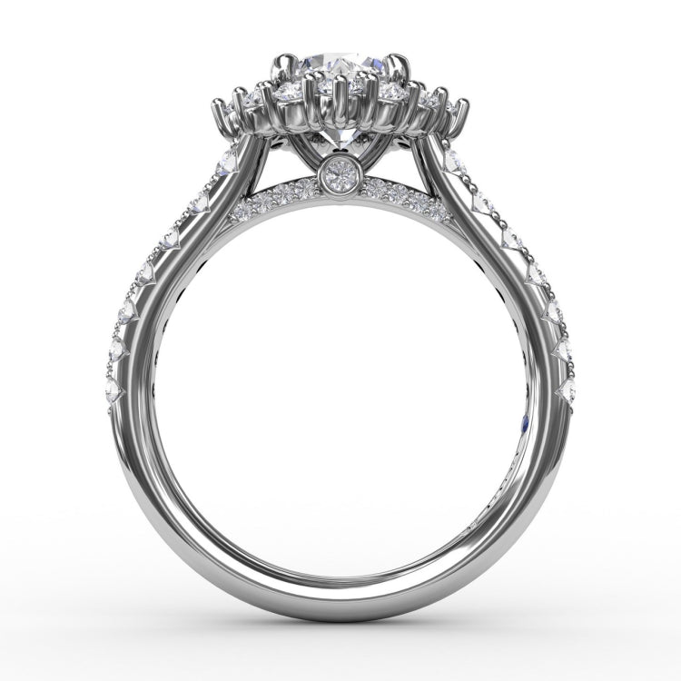 Angled Cushion-Shaped Diamond Halo Engagement Ring With Diamond Band