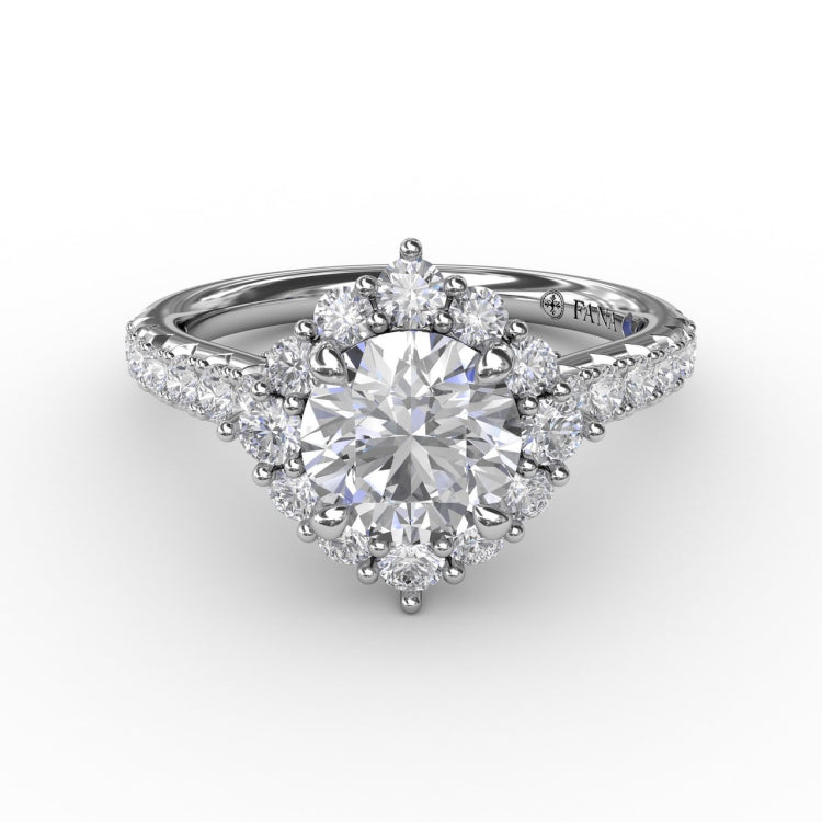 Angled Cushion-Shaped Diamond Halo Engagement Ring With Diamond Band