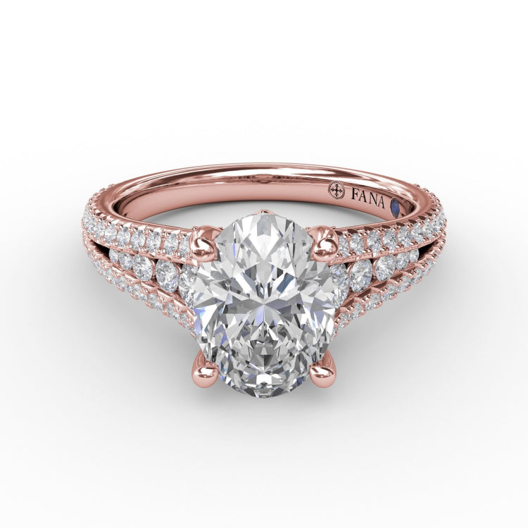Oval Diamond Solitaire Engagement Ring With Triple-Row Tapered Diamond Band