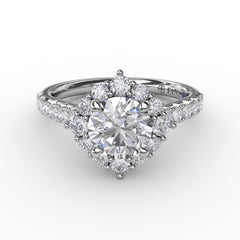 Angled Cushion-Shaped Diamond Halo Engagement Ring With Diamond Band
