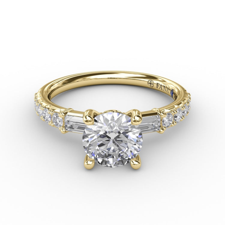Contemporary Diamond Solitaire Engagement Ring With Baguettes