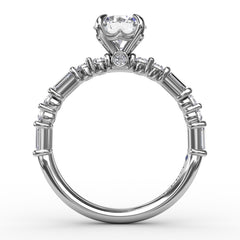 Contemporary Diamond Solitaire Engagement Ring With Baguettes and Round Diamond Accents