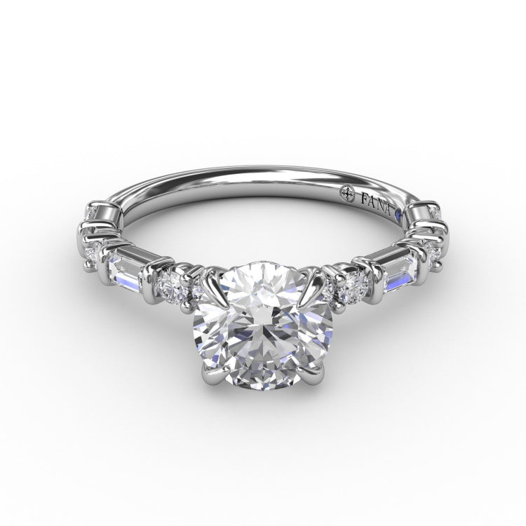 Contemporary Diamond Solitaire Engagement Ring With Baguettes and Round Diamond Accents