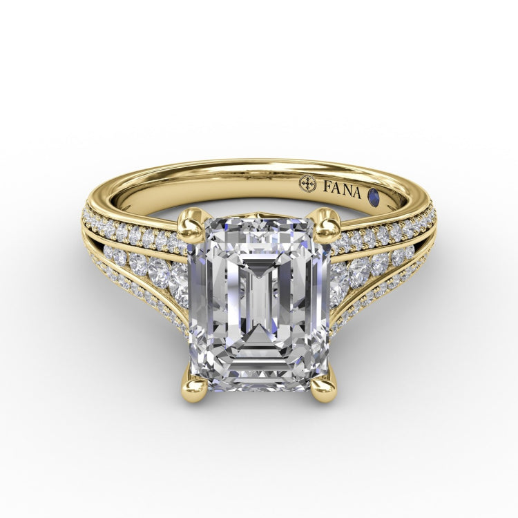 Contemporary Emerald Cut Diamond Solitaire Engagement Ring With Triple-Row Diamond Band