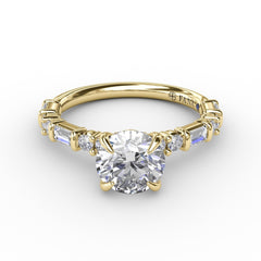 Contemporary Diamond Solitaire Engagement Ring With Baguettes and Round Diamond Accents