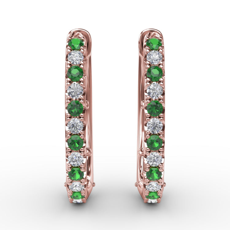 Alternaing Emerald and Diamond Hoop Earrings 