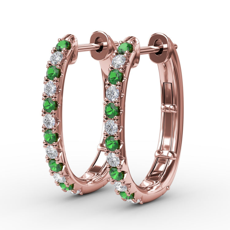 Alternaing Emerald and Diamond Hoop Earrings 