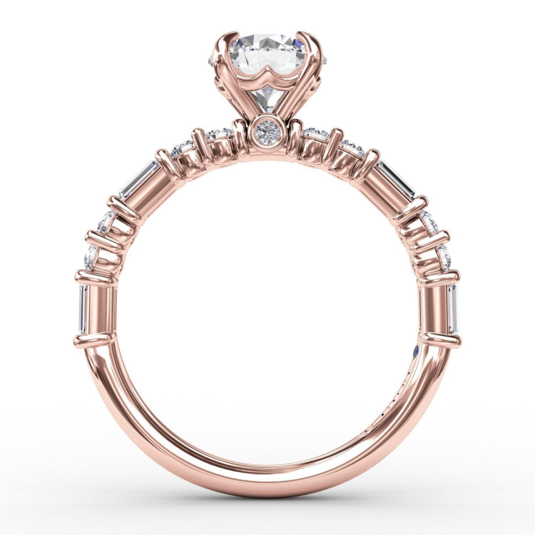 Contemporary Diamond Solitaire Engagement Ring With Baguettes and Round Diamond Accents