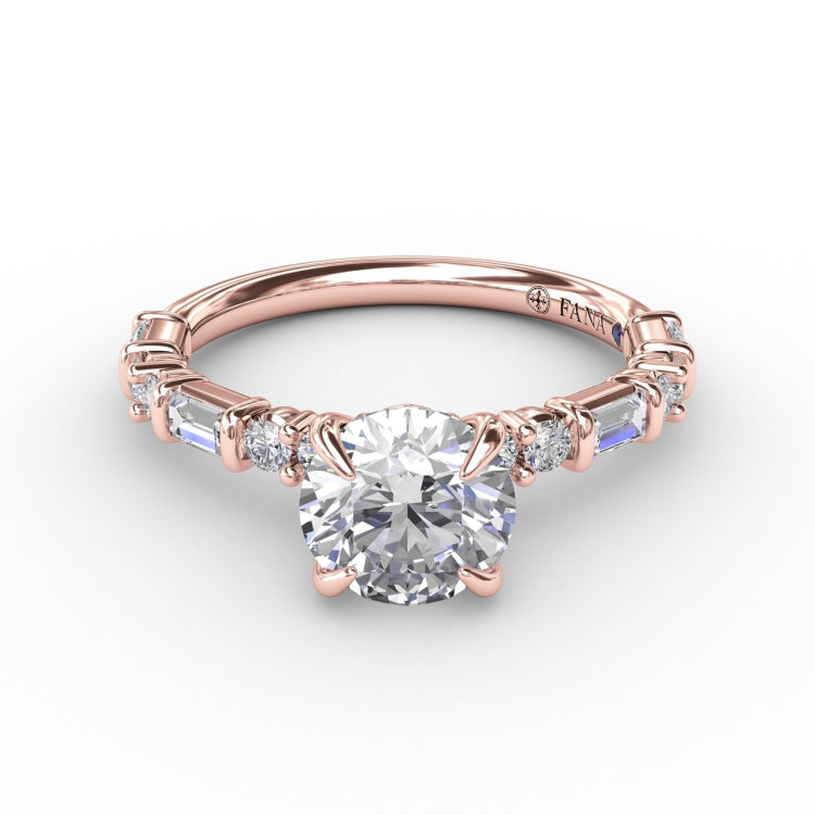 Contemporary Diamond Solitaire Engagement Ring With Baguettes and Round Diamond Accents