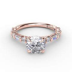 Contemporary Diamond Solitaire Engagement Ring With Baguettes and Round Diamond Accents