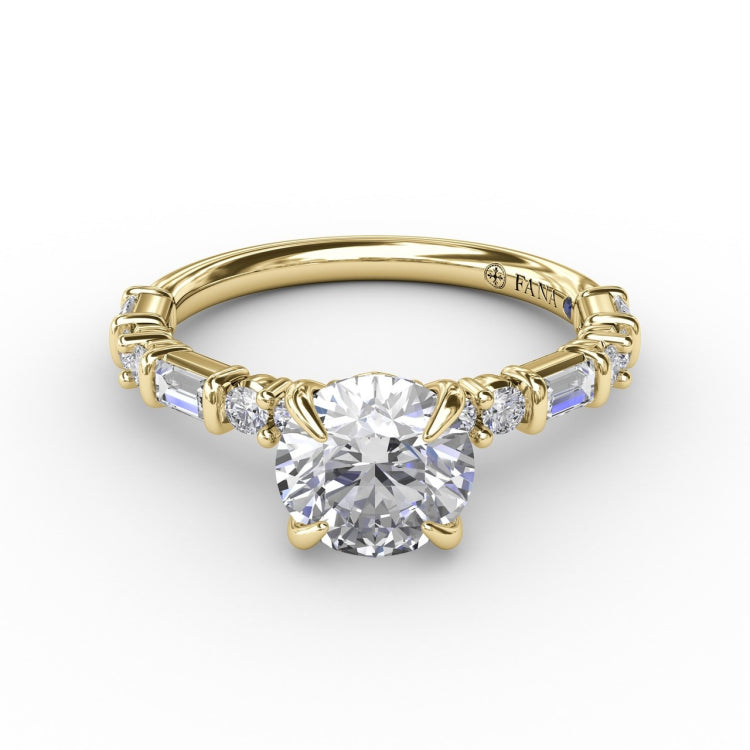 Contemporary Diamond Solitaire Engagement Ring With Baguettes and Round Diamond Accents