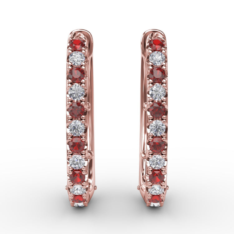 Alternaing Ruby and Diamond Hoop Earrings 