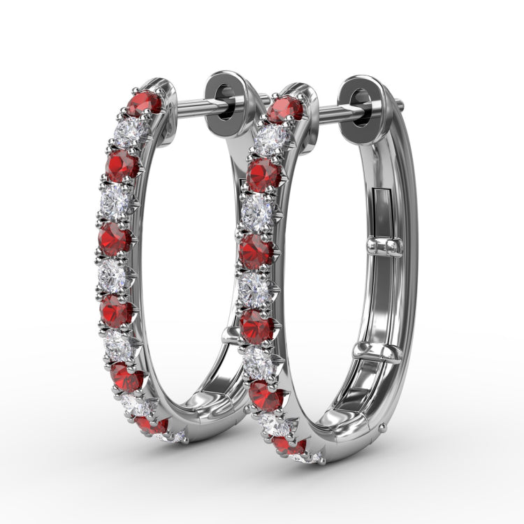 Alternaing Ruby and Diamond Hoop Earrings 
