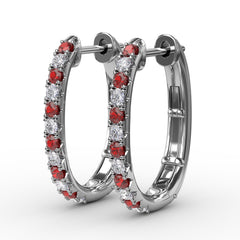 Alternaing Ruby and Diamond Hoop Earrings 